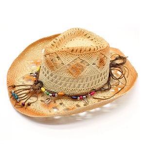 Western straw fedora hat with orange gradient weave and shell bead decorations