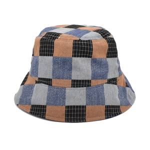 Women's summer wide brim plaid bucket hat in patchwork brown and grey blue patterns