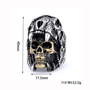 Detailed dimensions of silver and gold skull ring measuring 40mm by 17.5mm for bikers