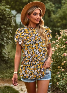Detail of floral chiffon blouse with ruffle short sleeves and stand collar design