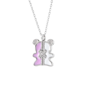 Geometric stainless steel necklace with pink and white enamel bear pendant and crystals