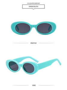 Front and side views of vintage oval sunglasses with green frames and dark lenses