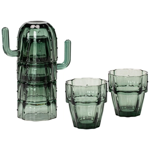 Stackable green cactus glassware set with 4 glass cups in textured finish on white background