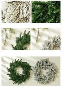 Macro detail of artificial flocked PE needles and green foliage on a 40cm Christmas wreath
