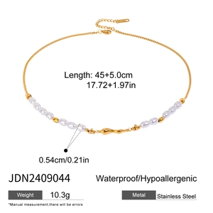 Detailed specs of stainless steel necklace with 0.54cm pearls and waterproof design