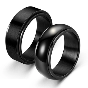 Close-up of black titanium spinner rings showing matte brushed and polished finishes