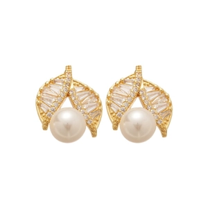 Gold plated leaf stud earrings with sparkling cubic zirconia and white pearls