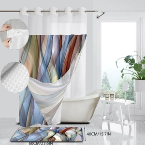 Abstract marble double layer shower curtain and matching bath mat set with metal rings