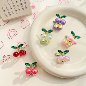 Mini Cherry Shape Hair Claw Clips Alloy With Resin Beads And Green Rhinestone Sweet Korean Style For Women Girls