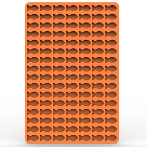 Orange silicone mold with small fish shapes for chocolate, candy and dog treats