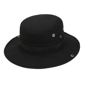 Black outdoor camping sun hat with wide brim, metal vents and tactical webbing strap