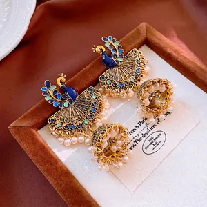 Vintage peacock tassel Jhumka earrings with blue enamel and white pearl beads