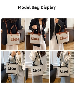 Detail of canvas tote bags in brown and black with leather handles shown from various angles