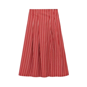 Flat lay of a red and white vertical striped midi skirt for women on white background