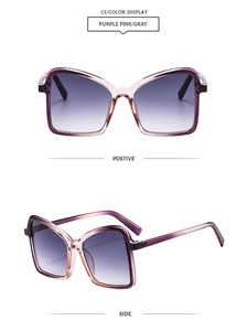 Detail view of butterfly frame sunglasses with purple pink gradient and color display