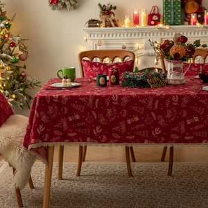 Christmas Tablecloth Polyester Jacquard Reindeer Snowflake Bell Pattern Decorative Table Cover With Tassels For Home Party