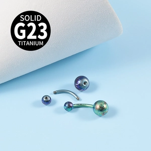 Detailed components of rainbow G23 titanium belly ring with curved barbell parts