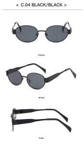 Three-angle view of oval black sunglasses showing front and side profiles on white background