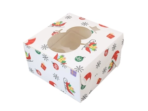 Detail of Christmas cupcake box with snowman window and festive Joy pattern print
