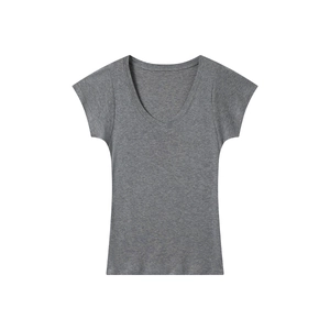 Detail of grey V-neck T-shirt showing fine knit texture and premium wool-silk blend fabric
