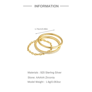 Detail view of 925 silver gold rings set with AAAAA zircon stones and size dimensions