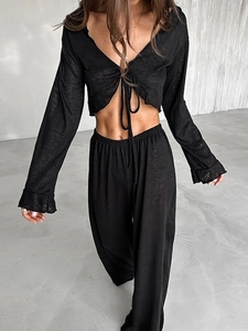 Femme Décontracté Noir Manches Longues Crop Top À Nouer Et Pantalon Large Taille Haute Tenues De Mode Automne