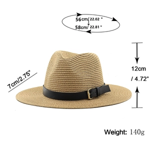 Chapeau de paille Fedora avec ruban en cuir et mesures de taille 56-58cm