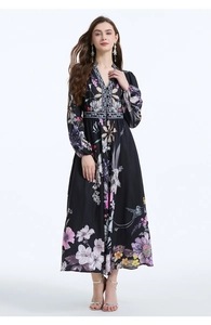 Detailed V-neck floral maxi dress with lantern sleeves and hummingbird print