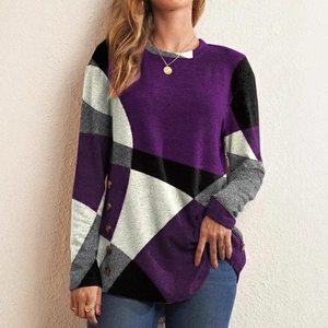 Women's color block long sleeve knit top with geometric pattern and button detail
