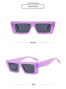 Detailed front and side views of purple square frame sunglasses with black lenses