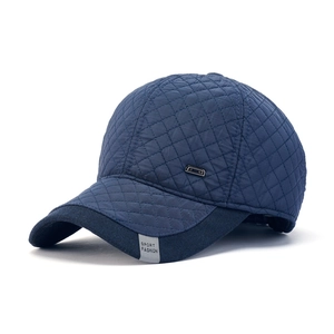 Men's winter quilted baseball cap in navy blue with sport fashion patch and ear protection