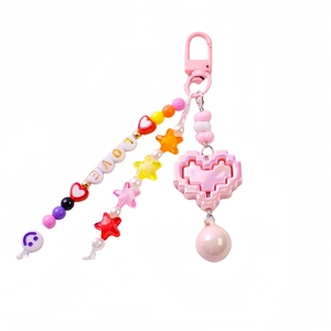Sweet pink LOVE beaded keychain with pixel heart pendant and stars for bag decor
