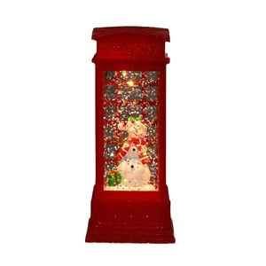 Lighted Christmas phone booth lantern with snowman scene and swirling glitter snow