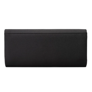 Detailed view of a sleek black satin butterfly evening clutch bag with a rectangular design