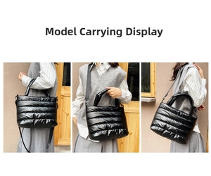 Three-way view of black quilted puffer tote bag with top handle and crossbody strap