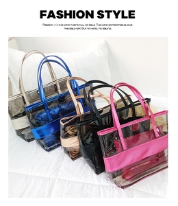 Detail of transparent PVC tote bags with matching inner pouches in five vibrant colors