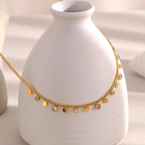 18K gold-plated stainless steel necklace with round sequins and sparkling zircon accents