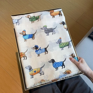 Linen cotton scarf with dachshund pattern in a gift box for winter fashion