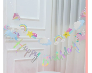 Rainbow unicorn happy birthday paper banner with laser letters for party decoration