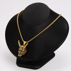 Vintage golden bull skull mask pendant necklace for men with square box chain display