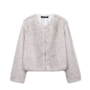 Short grey faux fur jacket with a crew neck and long sleeves on a clean white background