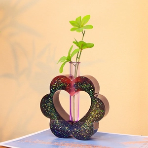 DIY heart shaped resin vase mold with purple glass tube and glitter finish for hydroponics