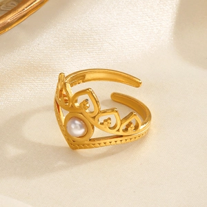 French vintage crown ring in gold stainless steel with a white pearl accent