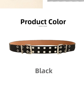 Detail of black leather punk belt featuring double silver buckles and metal eyelets