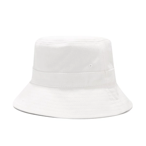 Detailed view of white cotton bucket hat featuring metal eyelet and stitched brim