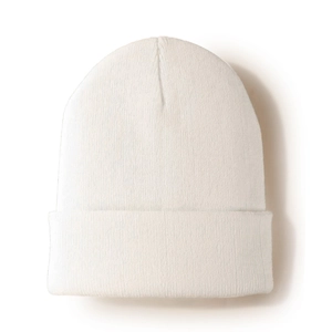 Close-up of the dense flat knit texture and warm ivory white fabric of the winter beanie