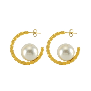 French vintage style 18K gold plated stainless steel pearl hoop earrings for women