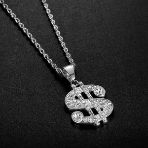 Collana hip hop con ciondolo segno dollaro argento e cristalli su catena ritorta