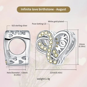 Detail view of S925 sterling silver August birthstone heart charm with MOM and infinity design