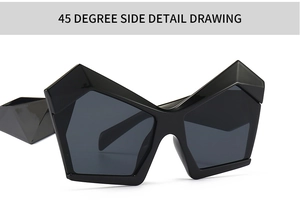 Detailed 45-degree side view of oversized irregular geometric sunglasses in black finish